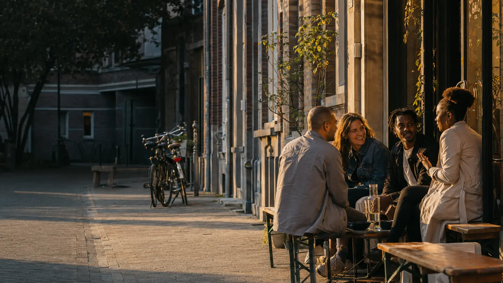 Friends meeting outside a city café