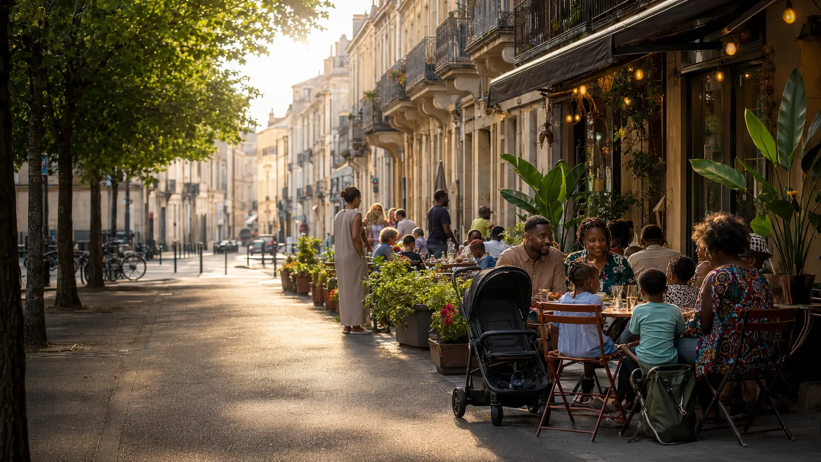 Editorial illustration of neighbours sharing a café terrace